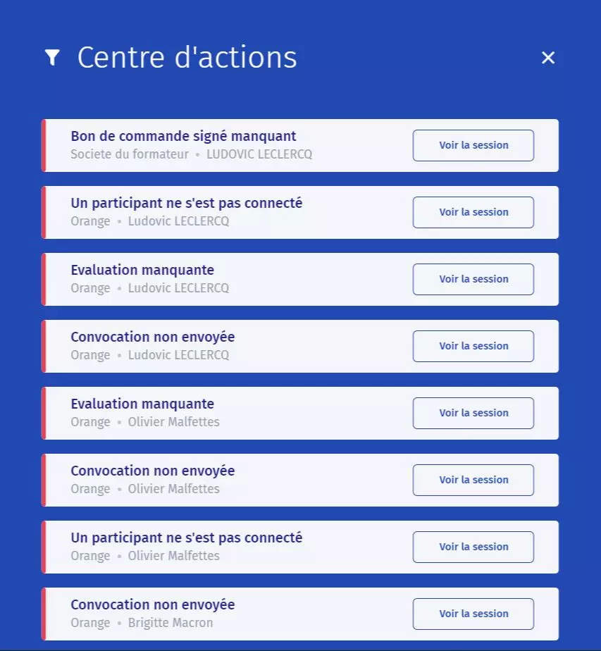 Onglet centre d'action